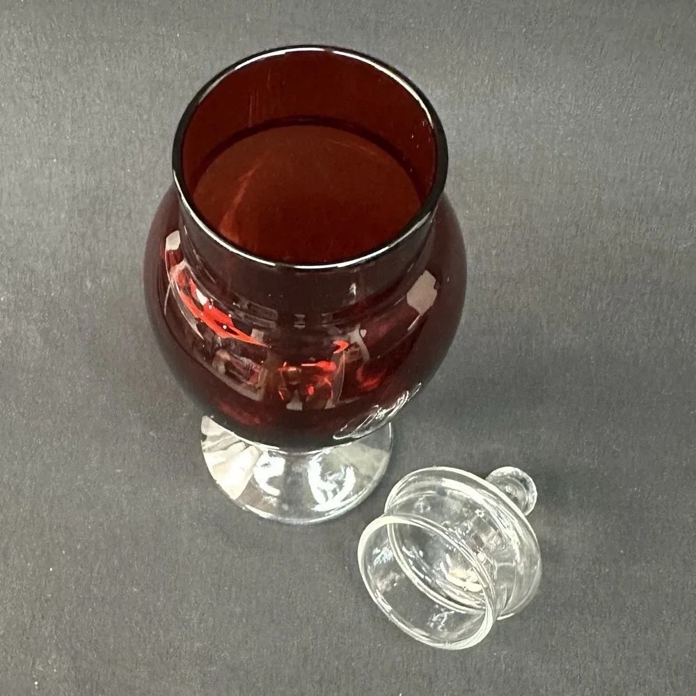 Anchor Hocking Royal Ruby Depression Glass Apothecary Jar With Clear Pedestal.